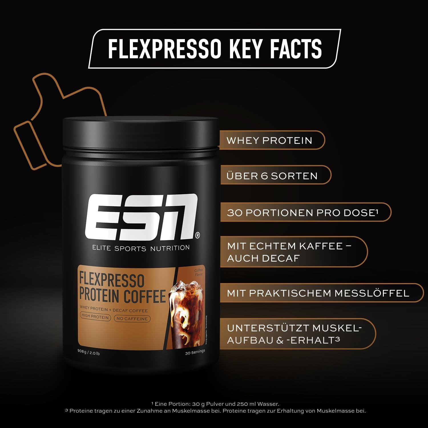ESN Flexpresso Protein Coffee inkl. Gratis-Shaker – Kaffee, 2 x 908 g, cremiger Protein-Kaffee mit bis zu 22 g Eiweiß pro Portion, Made in Germany