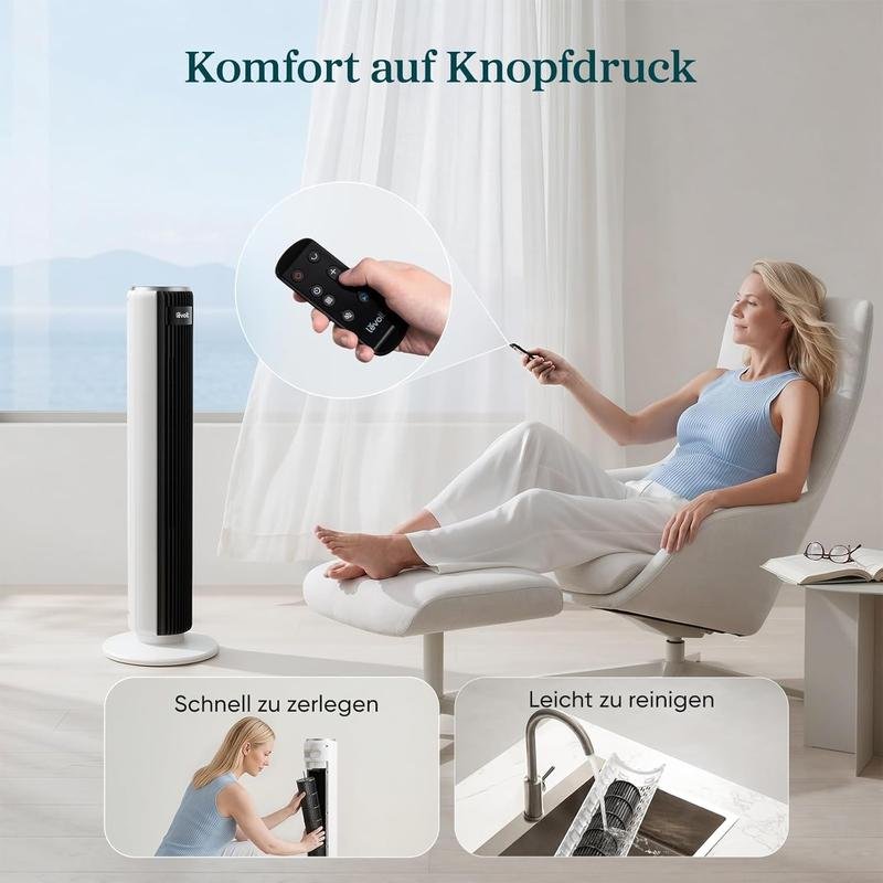 Levoit-Turmventilator mit Fortschrittlichem Schlafmodus-Ventilator leise 12Std Timer 4 Modi 5 Geschwindigkeiten-Automatikbetrieb mit Sensor-Oszillation Tower Fan mit Fernbedienung Weiß 92CM - Bild 4