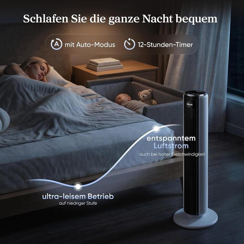 Levoit-Turmventilator mit Fortschrittlichem Schlafmodus-Ventilator leise 12Std Timer 4 Modi 5 Geschwindigkeiten-Automatikbetrieb mit Sensor-Oszillation Tower Fan mit Fernbedienung Weiß 92CM - Bild 5